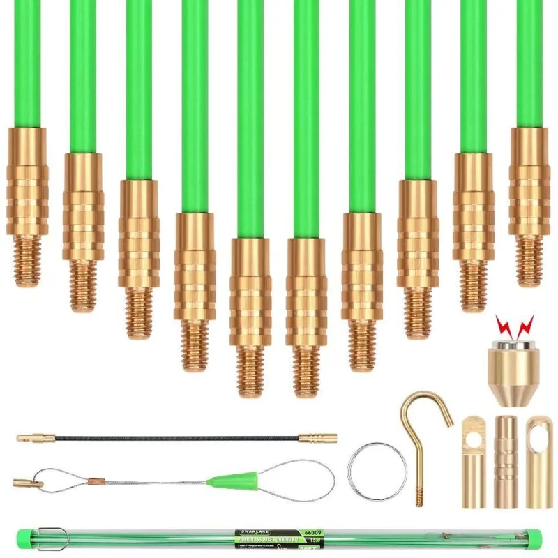 SWANLAKE 15m Fiberglass Push Pull Rods | Cable & Wire Running Tool | Electrician’s Aid for Wall & Ceiling Wiring