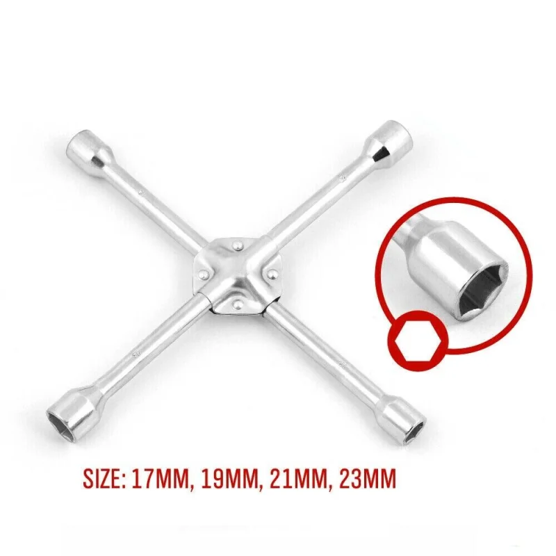 14″ 4-Way Cross Wrench – Wheel Brace Spanner with 17, 19, 21, 23mm Sockets
