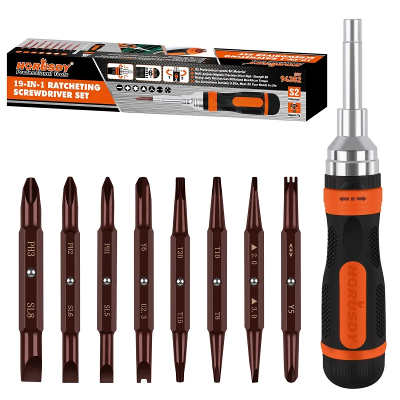19-in-1 Magnetic Ratchet Screwdriver Set with Security Bits & Anti-Slip Handle