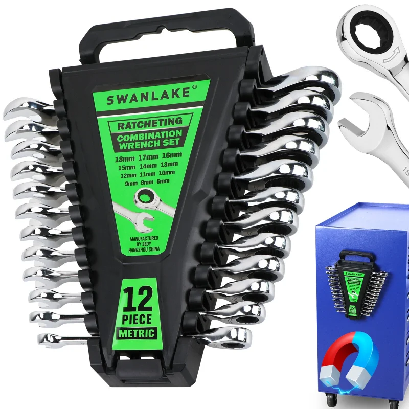 SWANLAKE 12-Piece Metric Ratcheting Combination Wrench Set, 618mm, 72-Tooth CR-V Steel with Magnetic Holder