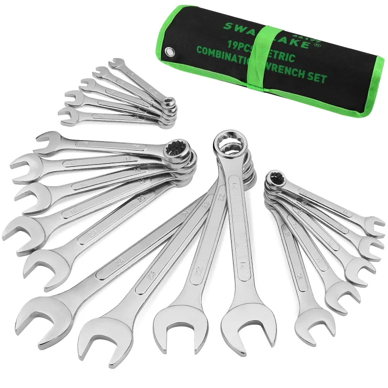 SWANLAKE 19-Piece Metric Combination Wrench Set, 624mm CR-V Steel Spanners with 12-Point Box End & Tool Roll
