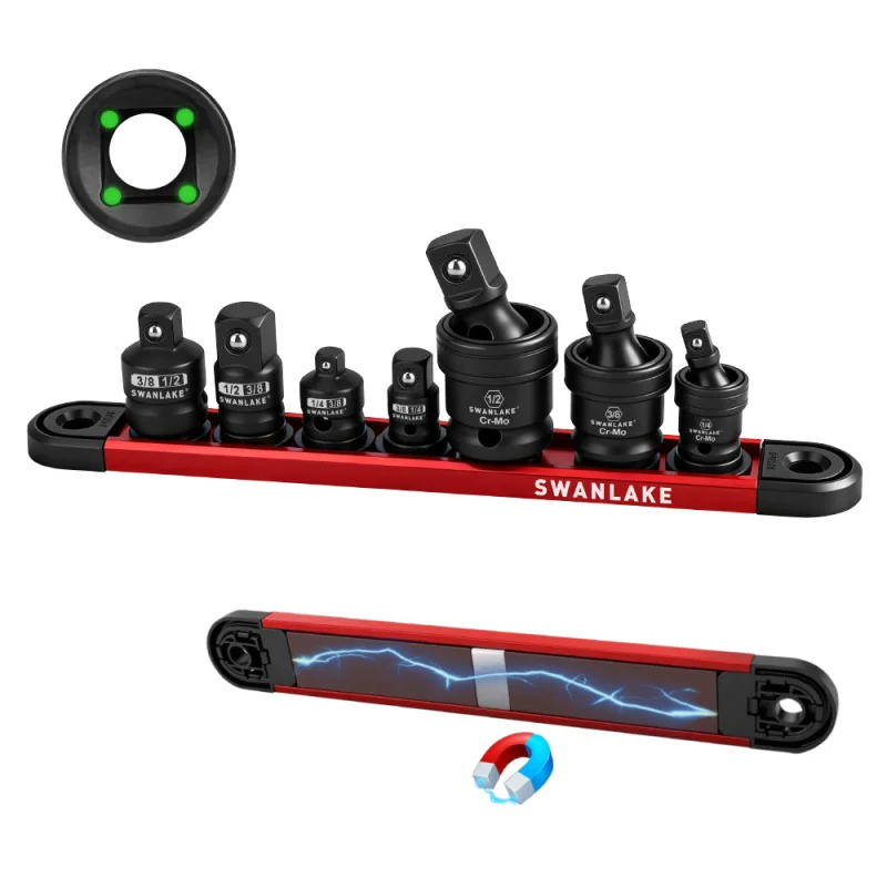 SWANLAKE 7-Piece Impact Universal Joint & Socket Adapter Set, 1/4 3/8 1/2 Drive, CR-Mo Steel with Magnetic Socket Rail