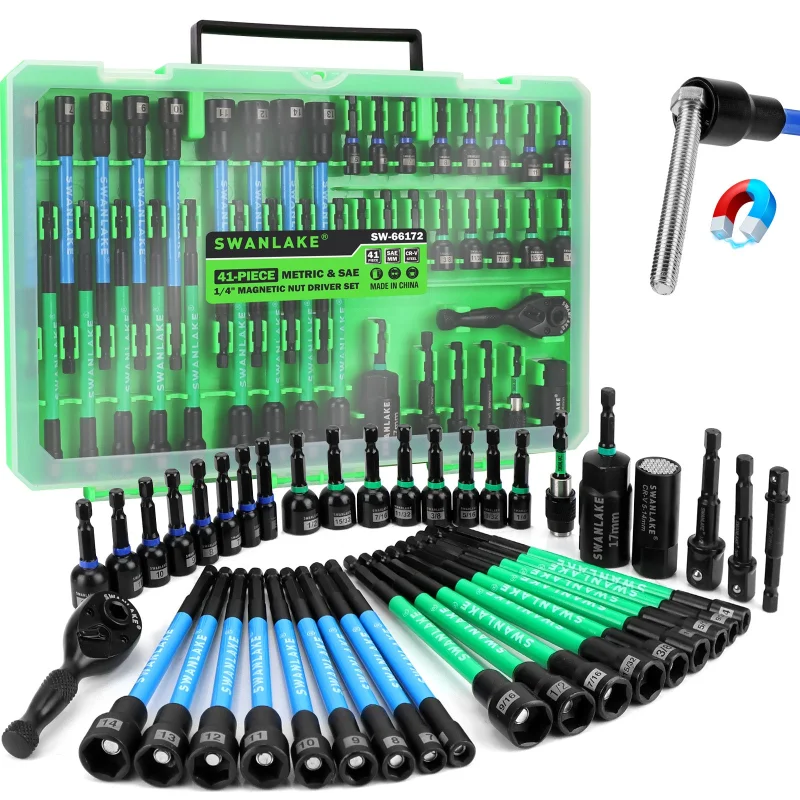SWANLAKE 41-Piece Magnetic Nut Driver Set SAE Metric, 1/4″ Drive Ratchet, Universal Socket & Bit Adapters