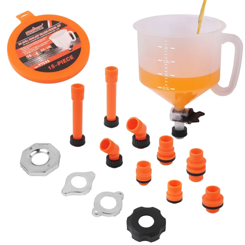 15-Piece No-Spill Coolant Funnel Kit with Valve Switch, Radiator Bleeder Funnel Kit, Universal Fitment for Vehicle Radiator Refill and Bleeding