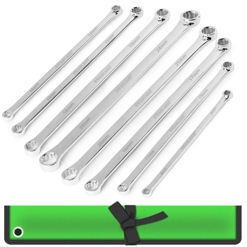 SWANLAKE 8PC Aviation Spanner Set – Extra Long Double Ring Wrench, CRV, 8-24mm with Storage Pouch