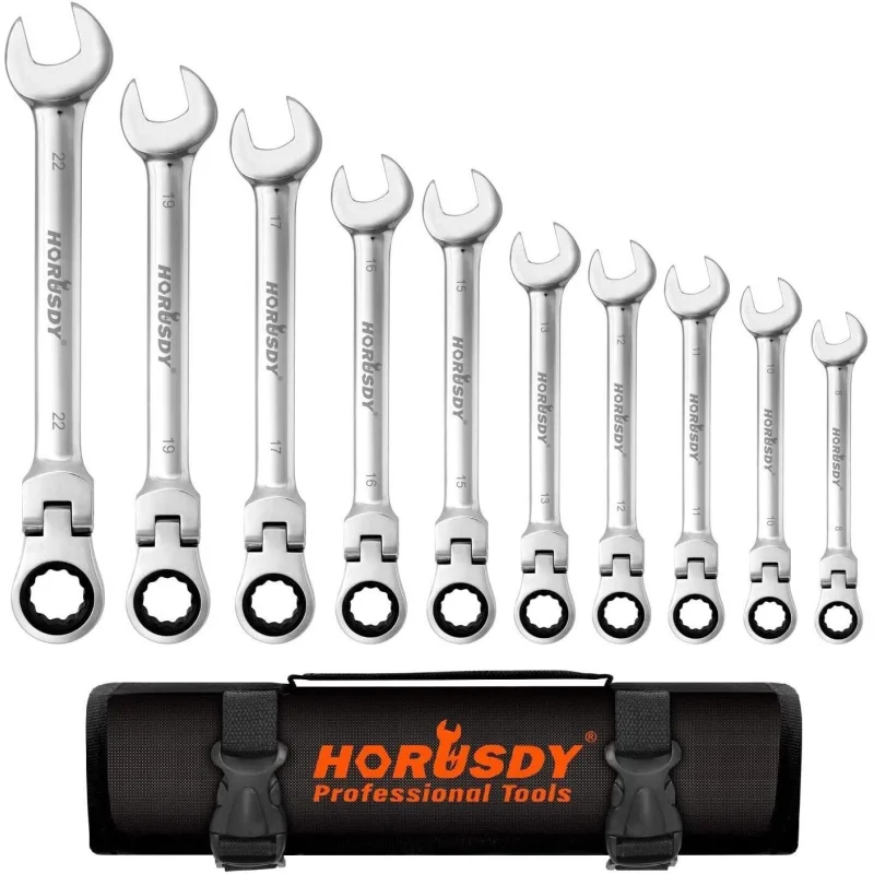 10Pc Metric Ratchet Spanner Set 8-22MM – Flexible Head Wrenches in CRV Steel with Carry Pouch