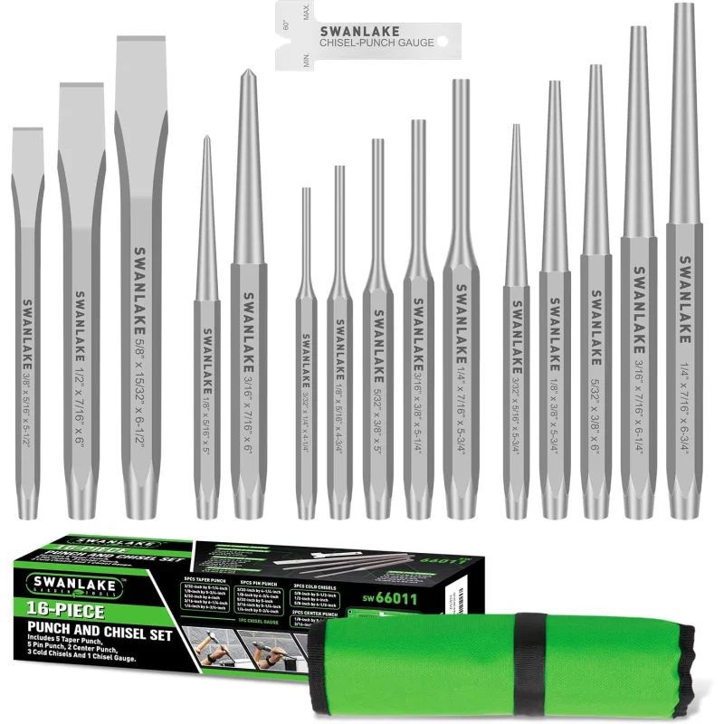 SWANLAKE 16-Piece Punch and Chisel Set, Pin, Taper & Center Punches, CR-V Cold Chisels, Gauge and Roll Pouch